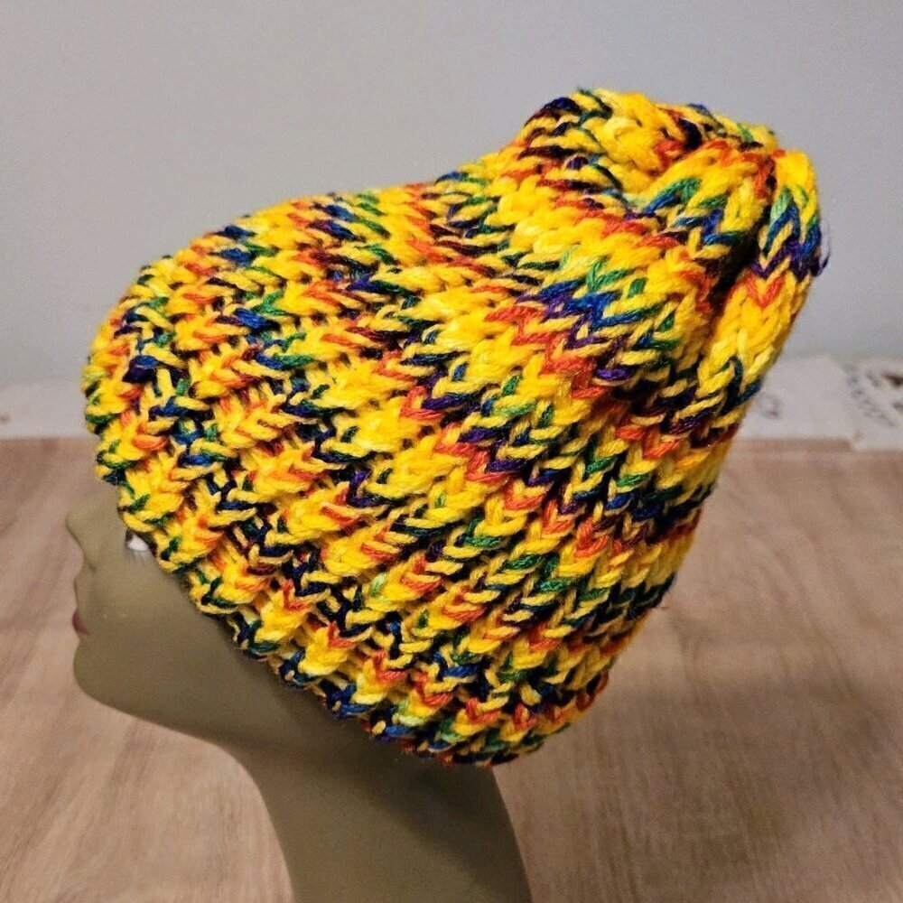 Hand-Made - Knitted Winter Beanie Yellow Multicolor Hat - One-Size - Very Warm!